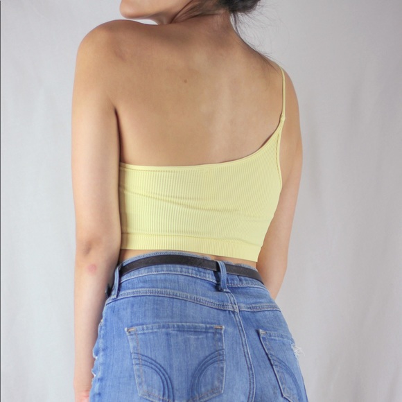 π Pale Yellow Ribbed One Shoulder Bralette Crop - Picture 2 of 5